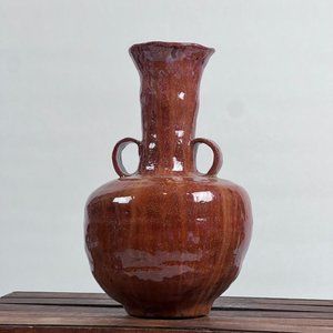 Unique Handmade Handled Pottery Glazed 13" Brown Vase Unsigned